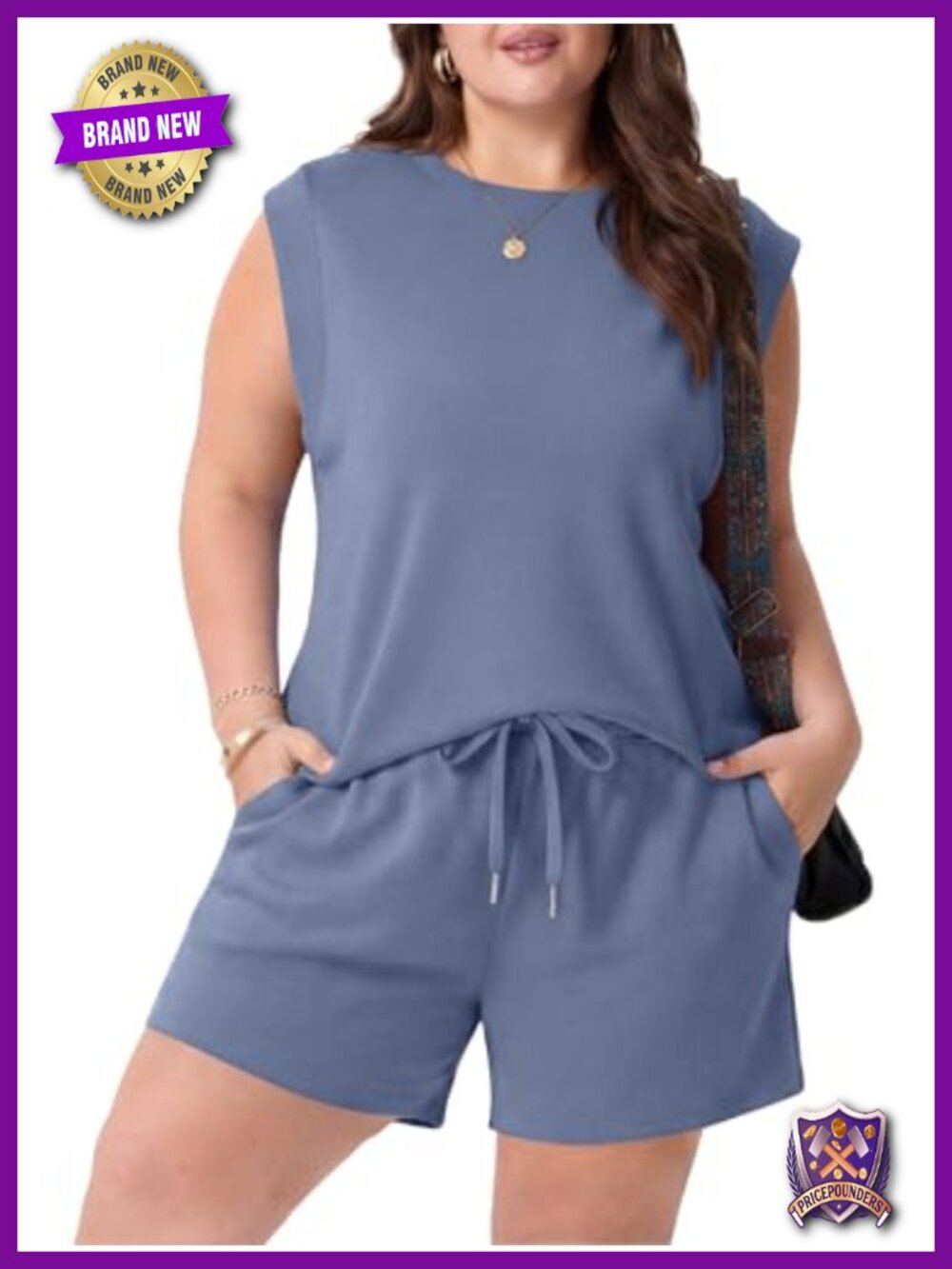 Womens Plus Size 2 Piece Short Set Muscle Tee & Pocket Shorts Vacation Outfit